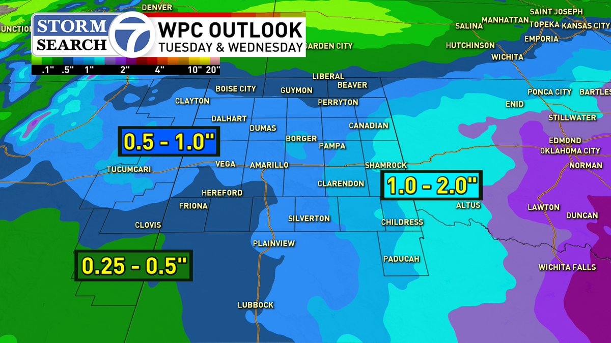 WET WEATHER: Models continue to hone in on the Texas panhandle for the best precipitation chances next Tuesday and Wednesday. So long as the low doesn't drift too far south, we should see a meaningful amount of rain. #txwx #okwx #nmwx @StormSearch7 @ABC7Amarillo