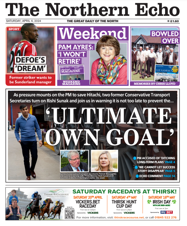 Nick Gullon (@echonickg) on Twitter photo Saturday's <a href="/TheNorthernEcho/">The Northern Echo</a> 🗞️
As pressure mounts on the PM to help Hitachi, two former Conservative Transport Secretaries turn on Rishi Sunak & join us in warning it is not too late to prevent…
'The Ultimate Own Goal'
🚨✍️Exclusive <a href="/tburgessjourno/">Tom Burgess</a>
#TomorrowsPapersToday Saturday's <a href="/TheNorthernEcho/">The Northern Echo</a> 🗞️
As pressure mounts on the PM to help Hitachi, two former Conservative Transport Secretaries turn on Rishi Sunak & join us in warning it is not too late to prevent…
'The Ultimate Own Goal'
🚨✍️Exclusive <a href="/tburgessjourno/">Tom Burgess</a>
#TomorrowsPapersToday