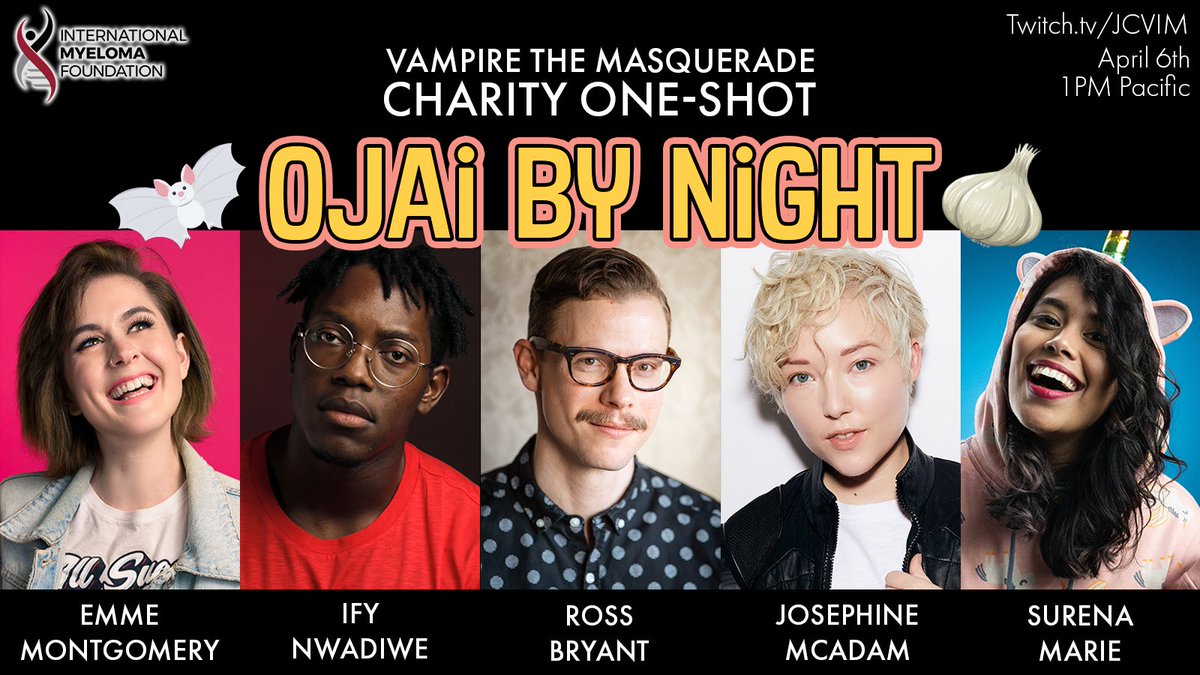 Emme Montgomery @ TwitchCon (@negaoryx) on Twitter photo TOMORROW! join us for some vampire the masquerade goodness as we fundraise for <a href="/IMFmyeloma/">International Myeloma Foundation</a> in support of those with Multiple Myeloma (blood cancer) 🖤
Saturday, April 6th, 1pm PT (4pm ET)!!
<a href="/IfyNwadiwe/">IFY | Away from Xitter</a>
<a href="/rossbryant/">Ross Bryant</a>
<a href="/JCVIM/">Joséphine McAdam</a>
<a href="/SurenaXMarie/">Surena Marie</a> TOMORROW! join us for some vampire the masquerade goodness as we fundraise for <a href="/IMFmyeloma/">International Myeloma Foundation</a> in support of those with Multiple Myeloma (blood cancer) 🖤
Saturday, April 6th, 1pm PT (4pm ET)!!
<a href="/IfyNwadiwe/">IFY | Away from Xitter</a>
<a href="/rossbryant/">Ross Bryant</a>
<a href="/JCVIM/">Joséphine McAdam</a>
<a href="/SurenaXMarie/">Surena Marie</a>