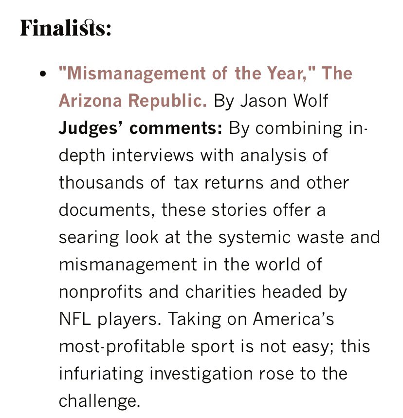 JasonWolf's tweet photo. Honored to be a national finalist for best sports investigation @IRE_NICAR!

Even more grateful that my work inspired @AnquanBoldin &amp; nonprofit pros behind @playercoalition to cofound @SportForImpact to “reinvent sports philanthropy as we know it.”

@NFL @NFLPA @Nationwide #WPMOY https://t.co/Nj2dZg0O2D