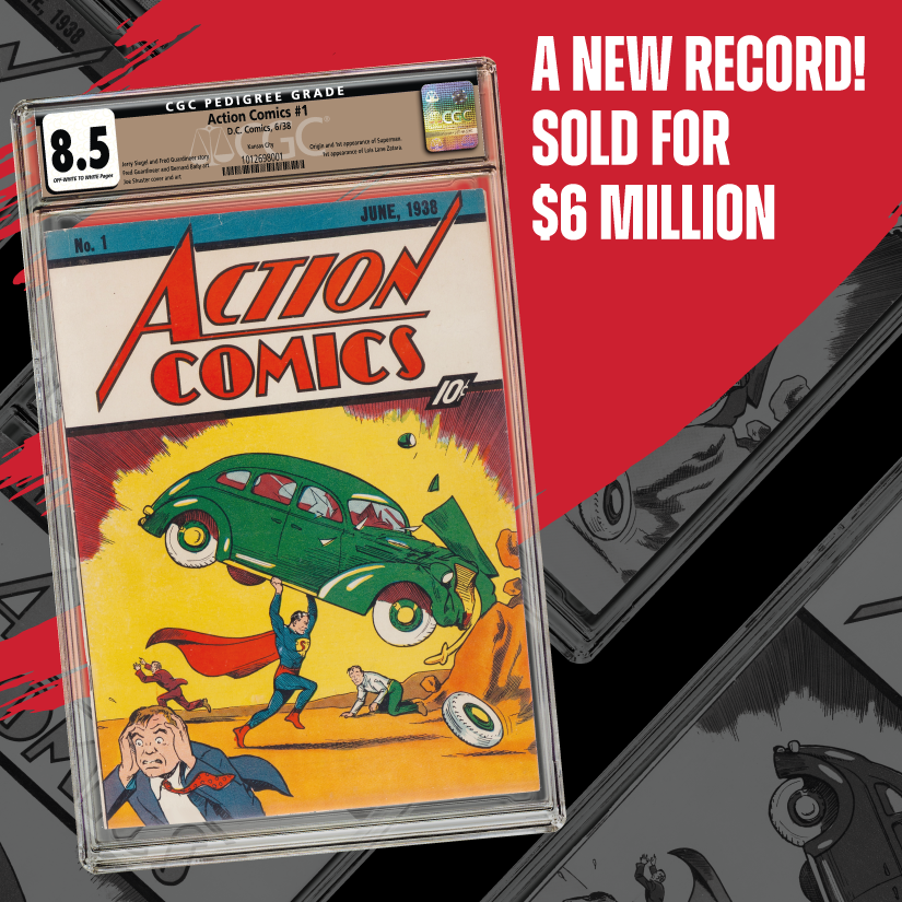 We’re sure you’ve heard that a grail graded by #CGC has set the record for most expensive comic ever sold! In a stunning sale at #HeritageAuctions, an #ActionComics #1 graded CGC 8.5 with a #KansasCity pedigree realized $6 million! Details cgc.click/5a5 💪
