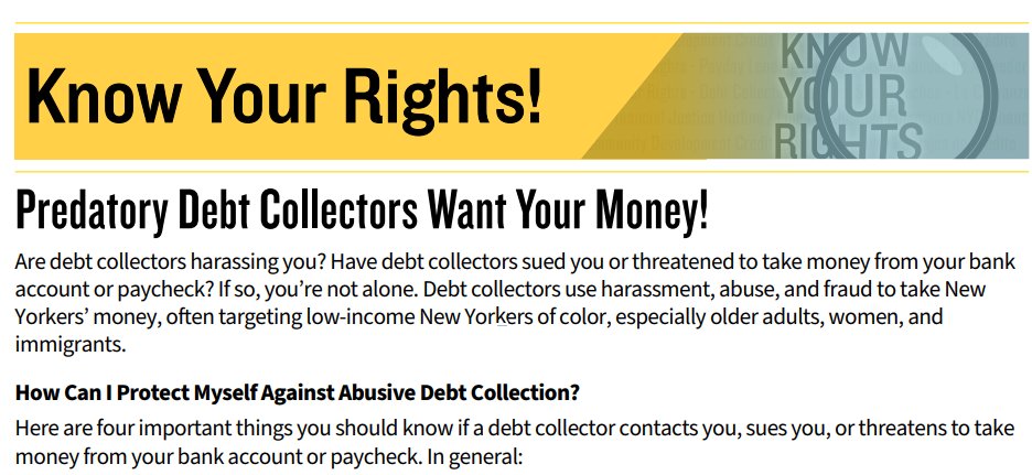 Our economy is structured to trap us in debt, and debt collectors consistently target New Yorkers of color with abuse & fraud. While we fight to transform our economy, we must also know how to defend ourselves.💪🏾💪 Check out our new flyer: neweconomynyc.org/know-your-righ…