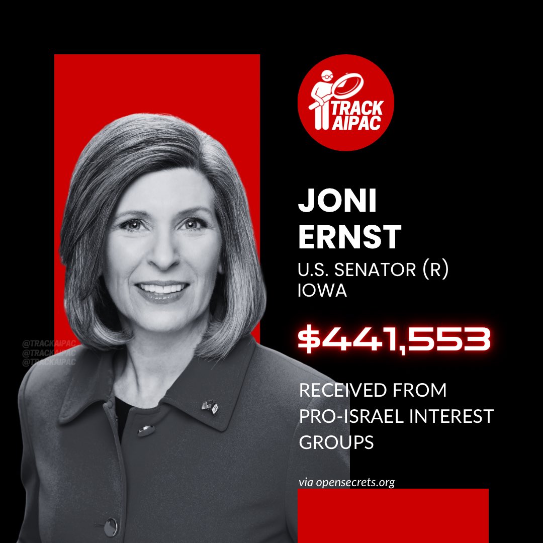 TrackAIPAC's tweet photo. @SenJoniErnst Joni Ernst is compromised. She’s paid to parrot Israel’s talking points 🦜 https://t.co/CAUVA9qruZ