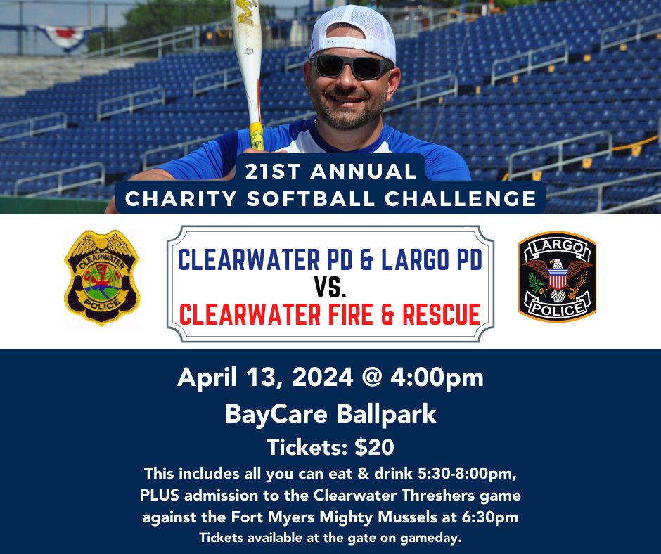 ⚾️TOMORROW ⚾️ Come watch Largo PD and Clearwater PD square off against Clearwater Fire & Rescue for the 21st Annual Charity Softball Challenge on April 13, at BayCare Ballpark. Proceeds will go to the family of the sister of a Clearwater firefighter who died tragically recently.