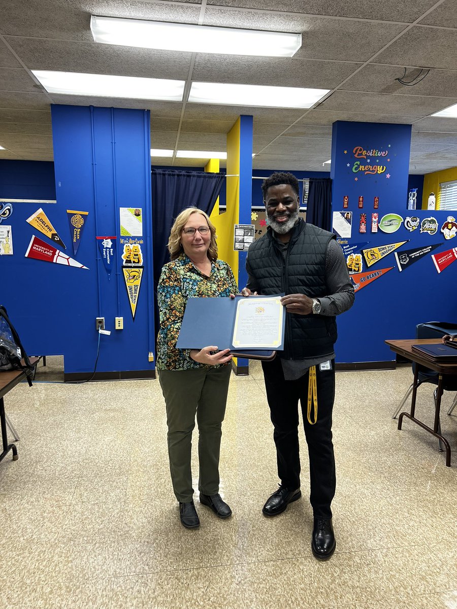 I had the honor and privilege to present the following Assistant Principals  
Arika Pritchett Sellman
Christopher Assing
Karen Coley
Keisha Wallace 
Cathy Strine-Adams
Benjamin Pryor
from Laurel High School  with a Mayoral Citation  for National Assistant Principals Week.