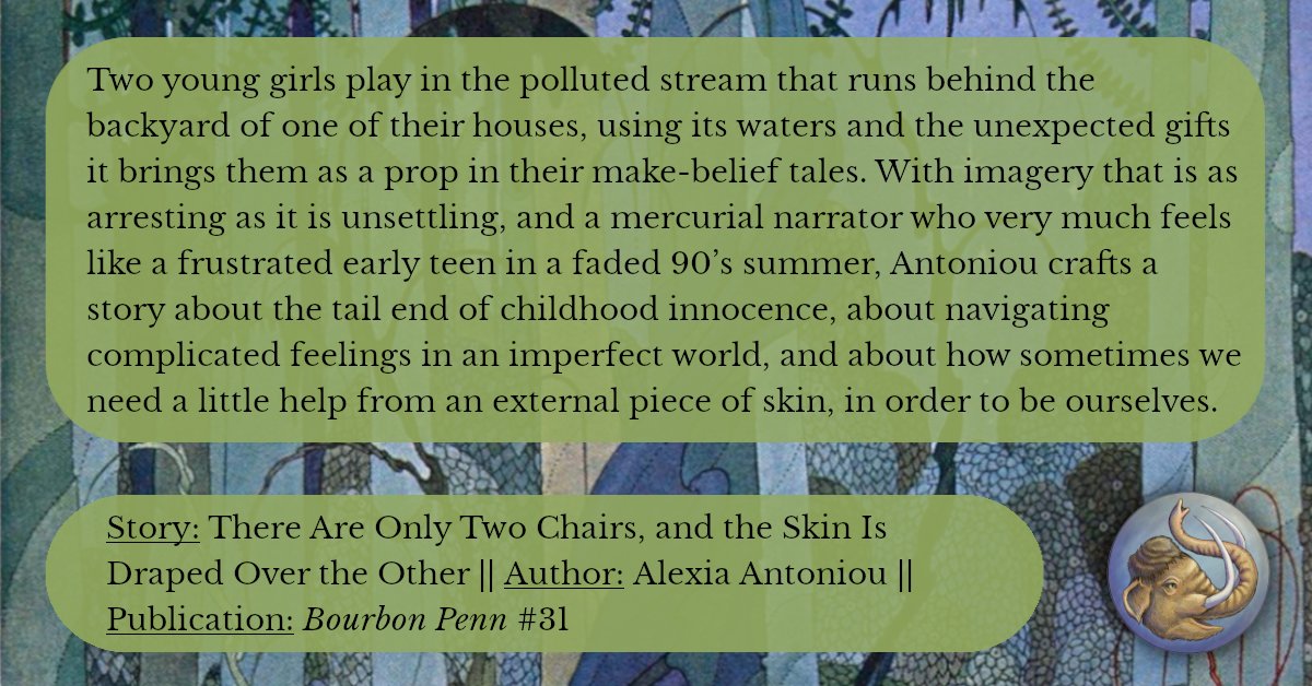 We loved 'There are Only Two Chairs, and the Skin is Draped over the Other' by Alexia Antoniou in issue #31 of @BourbonPenn! Read it here! bourbonpenn.com/issue/31/there… More reviews! havenspec.com/short-fiction-… Review by Danai Christopoulou / @Danaiwrites