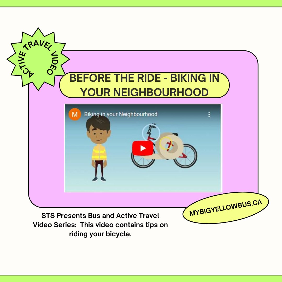 STS Presents Bus and Active Travel Video Series: BIKING IN YOUR NEIGHBOURHOOD youtube.com/watch?v=k3b-7L… For other safety videos and resources visit us at mybigyellowbus.ca