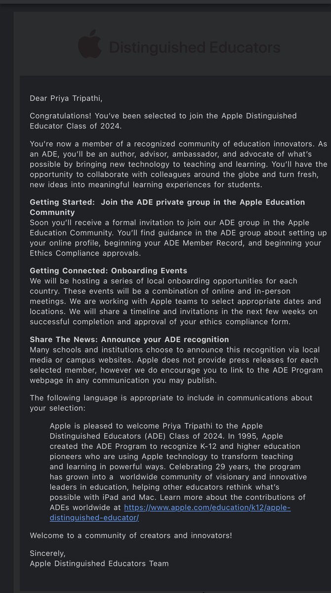 Excited to share that I've been selected for the Apple Distinguished Educators(ADE)2024 batch! 
Looking forward to collaborating and innovating with fellow ADEs to empower students and transform education. #ADE2024 #AppleDistinguishedEducator 
ThankYou @KirtiTrehan @KetakiKTweets