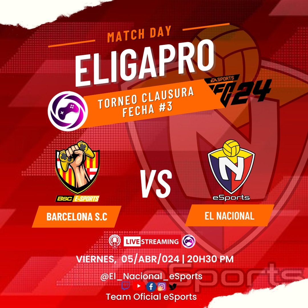 ¡¡¡ HOY JUEGA EL #BITRIgaming !!!
🎮TORNEO CLAUSURA 2024 #eafc24🏆
¡Match Day 🎮⚽️!
🏆 <a href="/eligapro/">eLigaPro Ecuador</a> ⚽️Torneo Clausura 2024
🗓 Fecha # 3️⃣
📆📌05/ABR/024 20H30 🕐
🆚️ <a href="/BSCeSportsECU/">BSC eSports Team</a>  <a href="/deathbrainteam/">Deathbrainteam</a>  #eSports 🎮
🎥 On Stream 💻
🔗 facebook.com/eligaproec
<a href="/aedeecuador/">aedeecuador</a> 
<a href="/elnacionalec/">Club Deportivo El Nacional</a>
