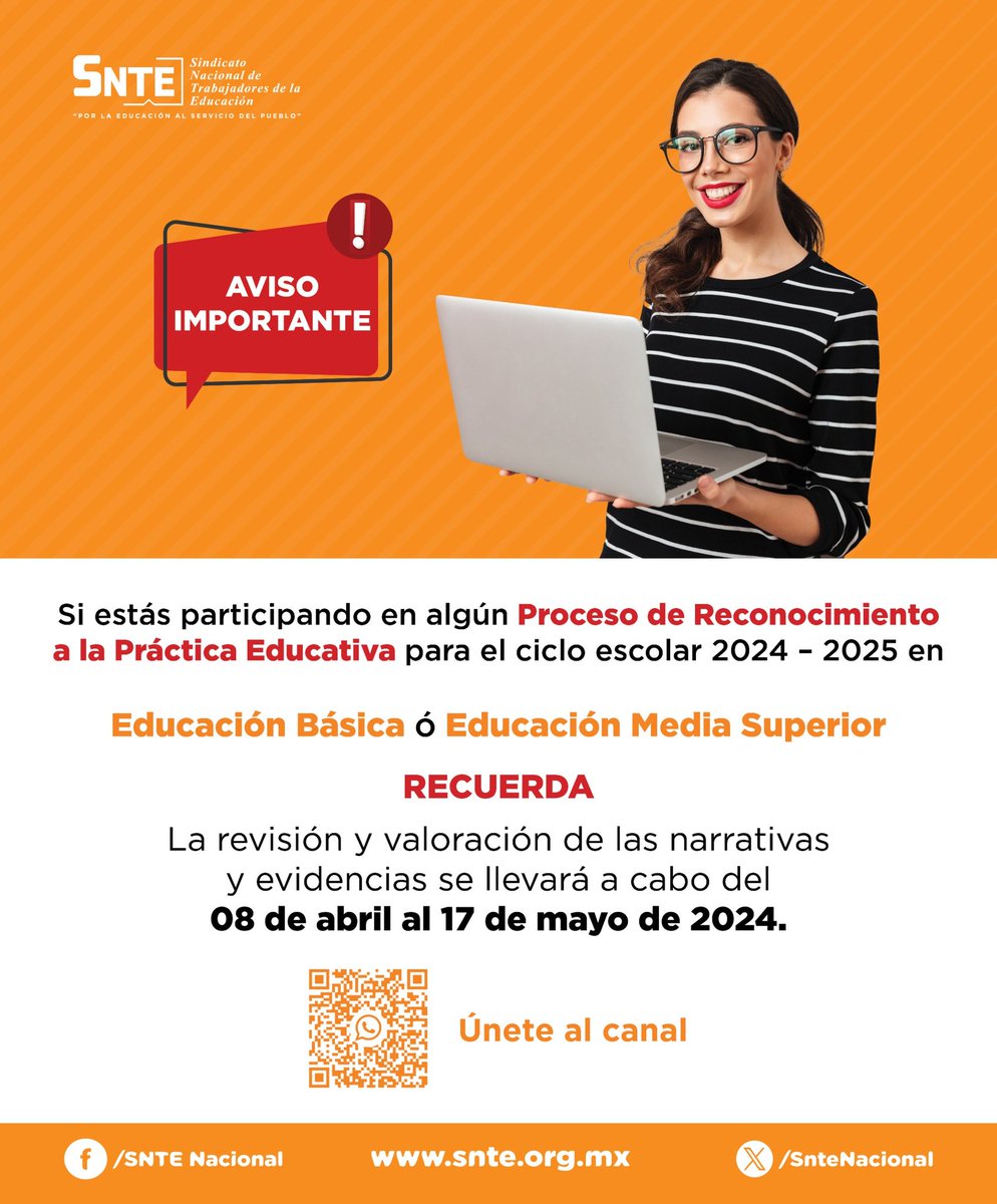 📢 ¡Atención maestros y maestras de Educación Básica y Media Superior!👨🏻‍🏫👩🏻‍🏫

Si participas en el Proceso Reconocimiento a la Práctica Educativa, 2024-2025.
🌟 Recuerda que la revisión y valoración de las narrativas y evidencias será del #8deAbril al #17deMayo de 2024