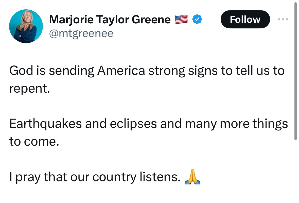 #1 People WHO think this way should not be running our government based on their religious theories. #2 The epicenter of the earthquake was in Tewksbury, New Jersey, which is about 4.5 miles away from Trump National Golf Course in Bedminister, NJ. #3 I literally had to