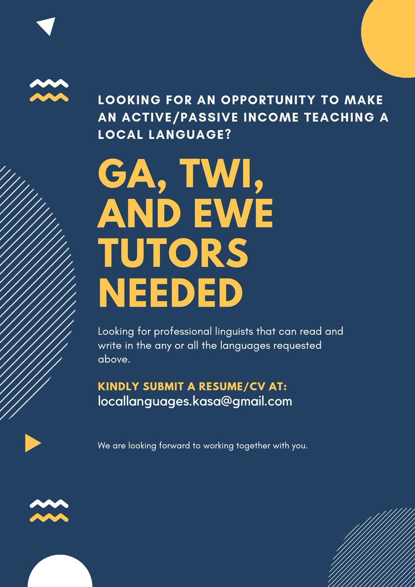 Hi everyone, pls, I need your help I'm looking for some teachers of Ga, Ewe and Twi. If you could pls share this I would really appreciate it. Thanks a million🙏🏾