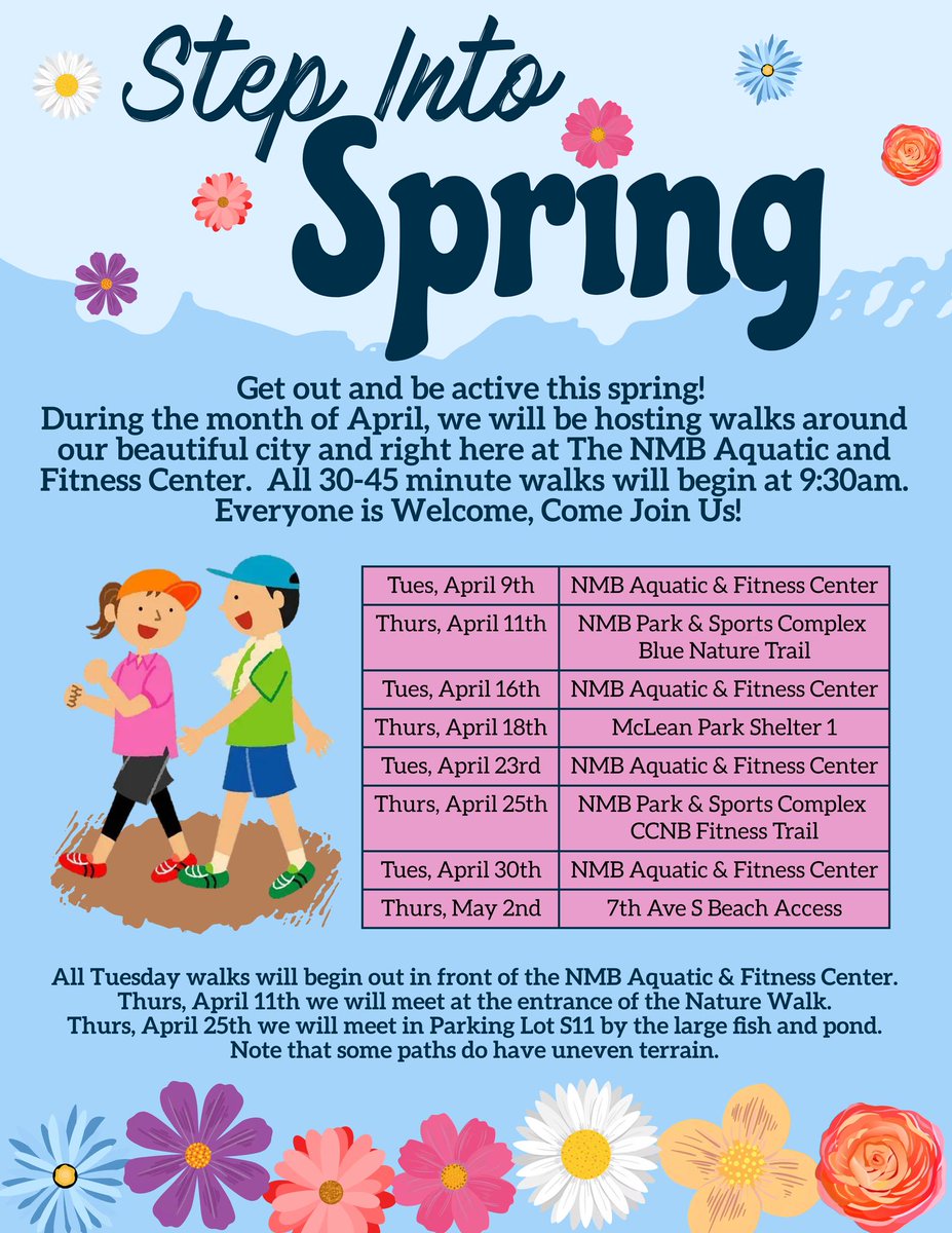 Step Into Spring 🌼👟 Throughout the month of April, join the North Myrtle Beach Aquatic and Fitness Center on walks around our beautiful City! These walks will last 30-45 minutes, and are open to everyone. They will begin on Tuesday, April 9 at 9:30 AM.