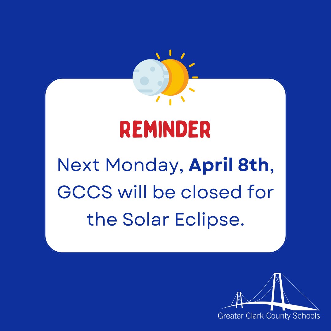 ☀️ A reminder that GCCS will be closed next Monday, April 8th, for the Solar Eclipse! 🌑 🕒 The Solar Eclipse will begin at 3:01 p.m. EST. 👓 Remember to wear solar viewing glasses while watching the Eclipse! 🎒 School will resume on Tuesday, April 9th. #WeAreGreater