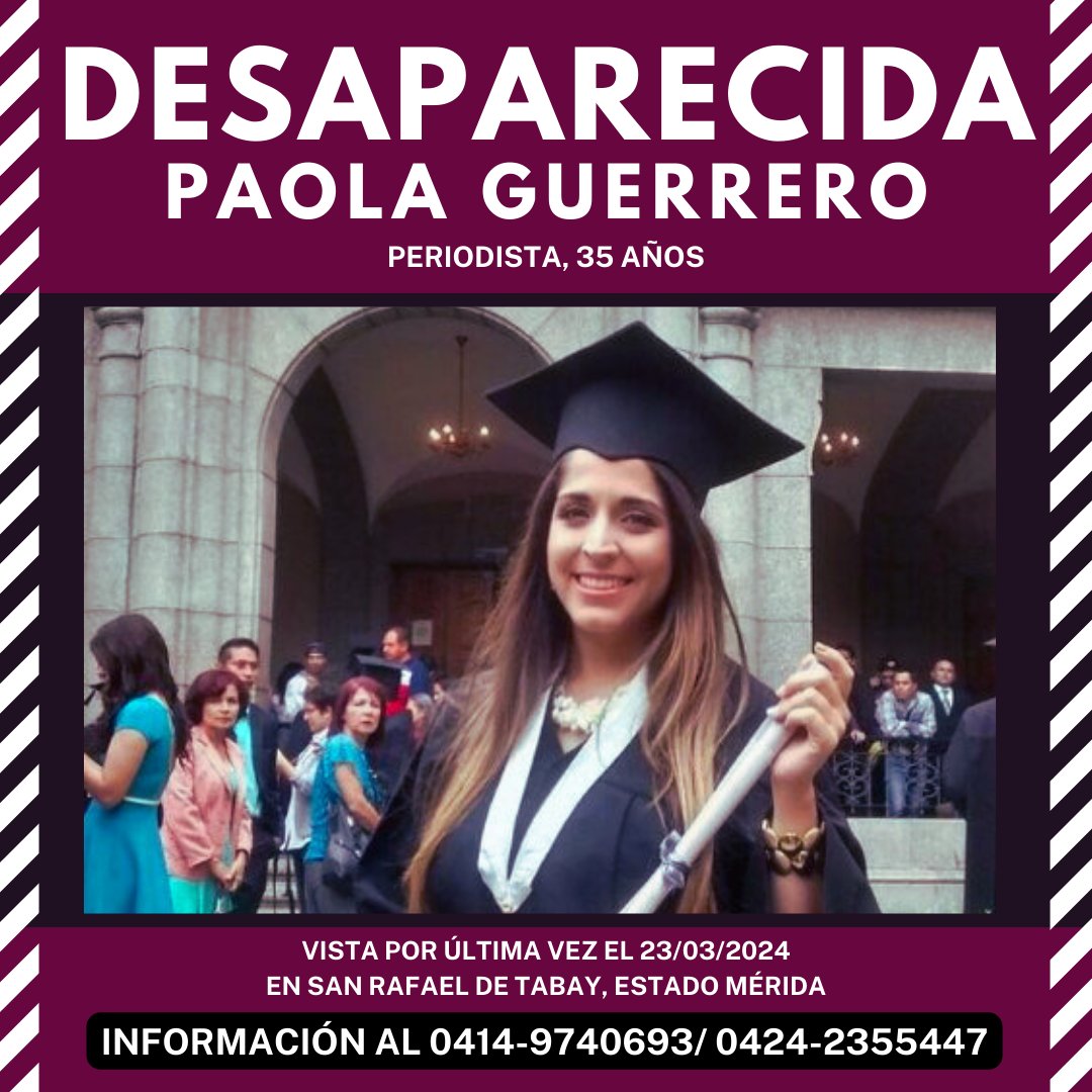 🚨Paola Walezka Guerrero Paolini, periodista y artista plástica de 35 años, está desaparecida desde el 23 de marzo. Fue vista por última vez en San Rafael de Tabay, Mérida. Las autoridades ya se encuentran en su búsqueda. Cualquier información a 0414-9740693/ 0424-2355447