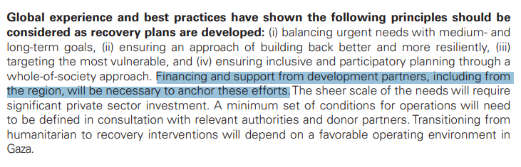 23. The report offers plans (more than image shows) for rebuilding and recovery. 
The report does not state this but:
- this requires a permanent ceasefire. 
- the costs should be borne by all countries  financially/morally/diplomatically supporting Israeli state &army. (NO DEBT)