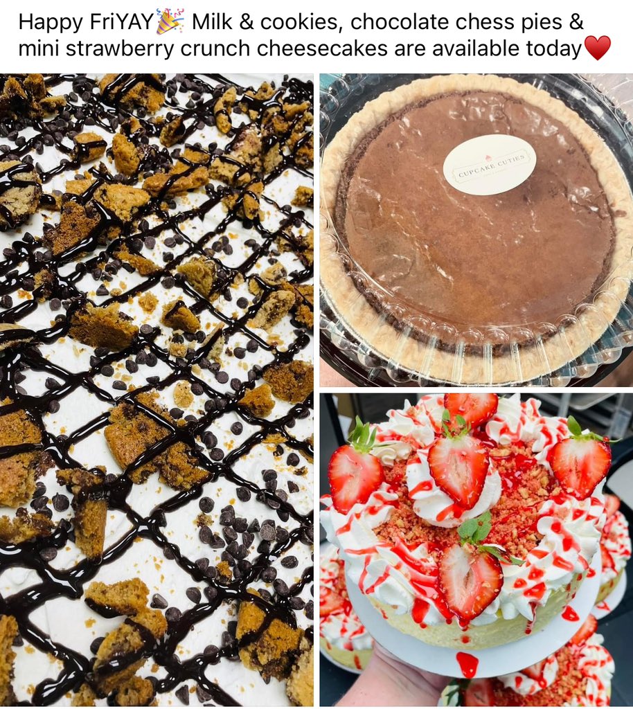 cupcakecutiesnc's tweet photo. Happy Friday! This is just a small sampling of what we have today! Chocolate Chess Pies, Milk &amp; Cookies delight, and Strawberry Crunch Mini Cheesecakes! #somethingforeveryone #triadnc #ncbakery https://t.co/2jrz327bO9