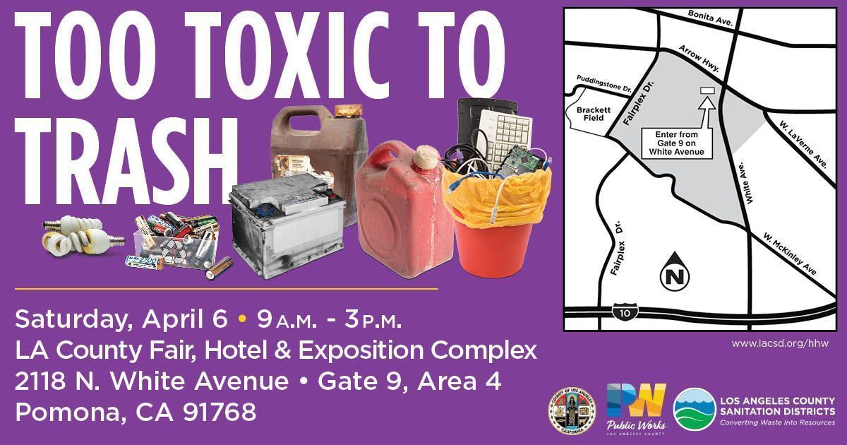 A FREE Household Hazardous Waste and E-Waste Roundup will take place tomorrow Saturday, April 6 in Pomona at the LA County Fairplex (2118 N. White Avenue) from 9 am to 3 pm. Bring your #HHW, including paints, household cleaners, old computers and television sets!