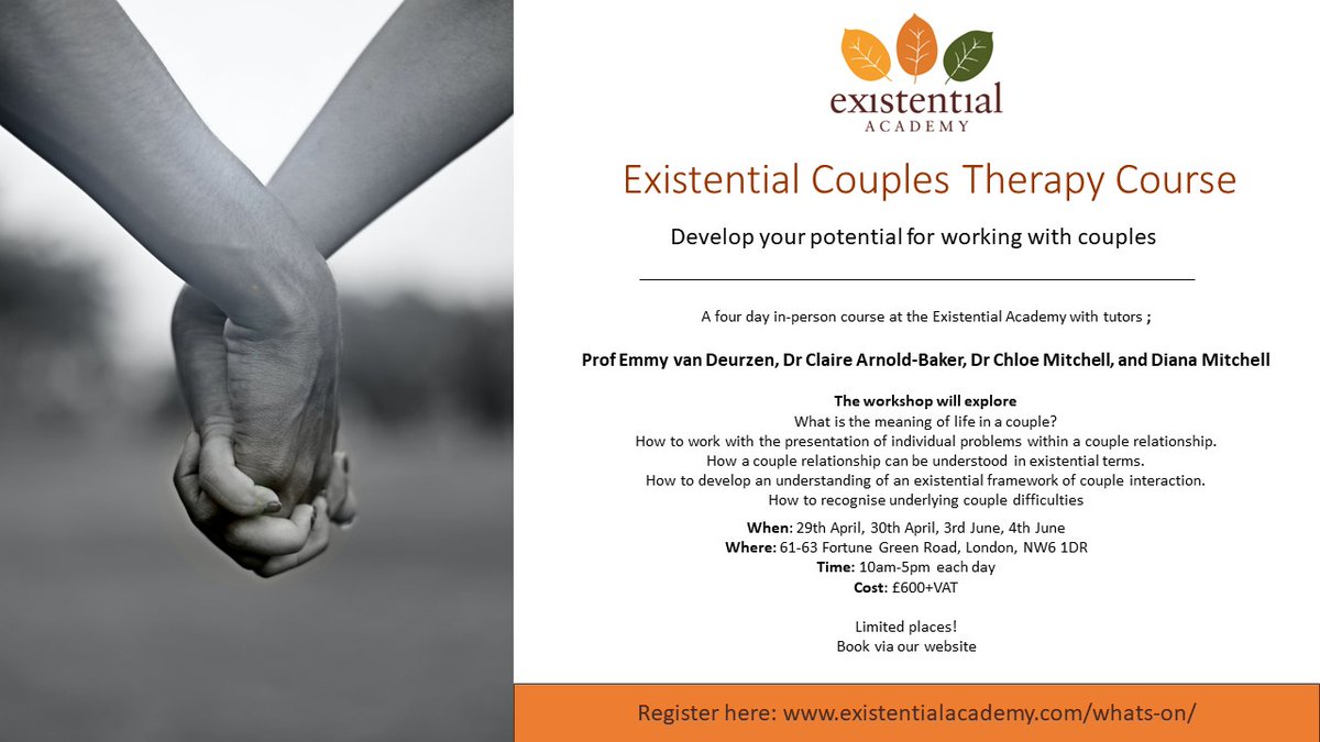 Join @EmmyvanDeurzen, @DrClaireAB, Dr Mitchell, and Diana Mitchell for the Existential Academy's in-person couples therapy course. You can register via our website existentialacademy.com/whats-on/short… #CouplesTherapy #PsychologyToday #ExistentialTherapy #TherapistLife #TherapyCourse