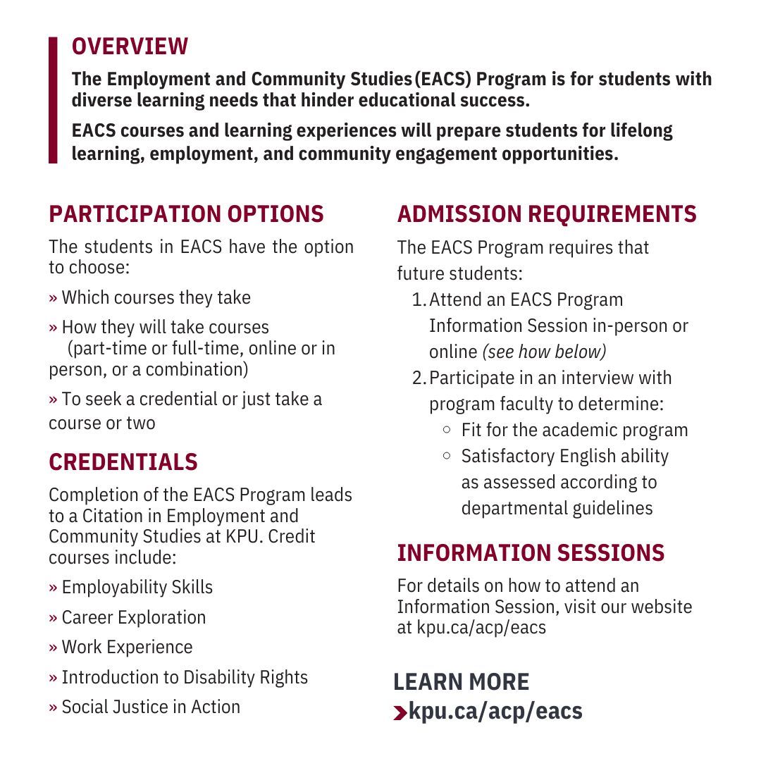 Explore your options with the Employment and Community Studies (EACS) Program at KPU! The EACS Program is for students with diverse learning needs that hinder educational success. Click the link to learn more about the EACS Program buff.ly/3PLCWoo