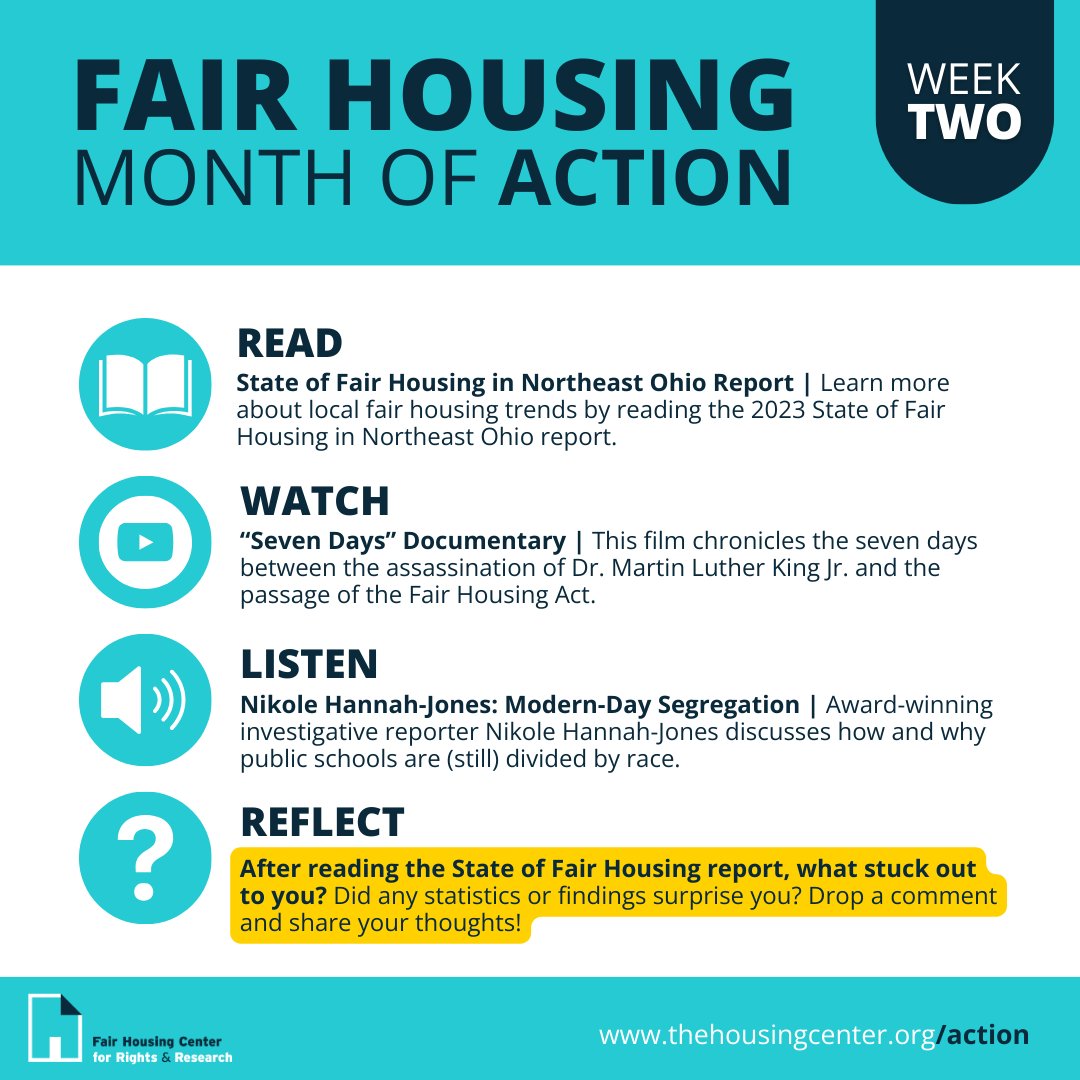 It’s week 2 of #FairHousingMonth! Visit thehousingcenter.org/action to participate in this week’s action items. Then, leave a comment, tag us in your posts, or use the hashtag #FairHousingMonthOfAction to join the conversation!