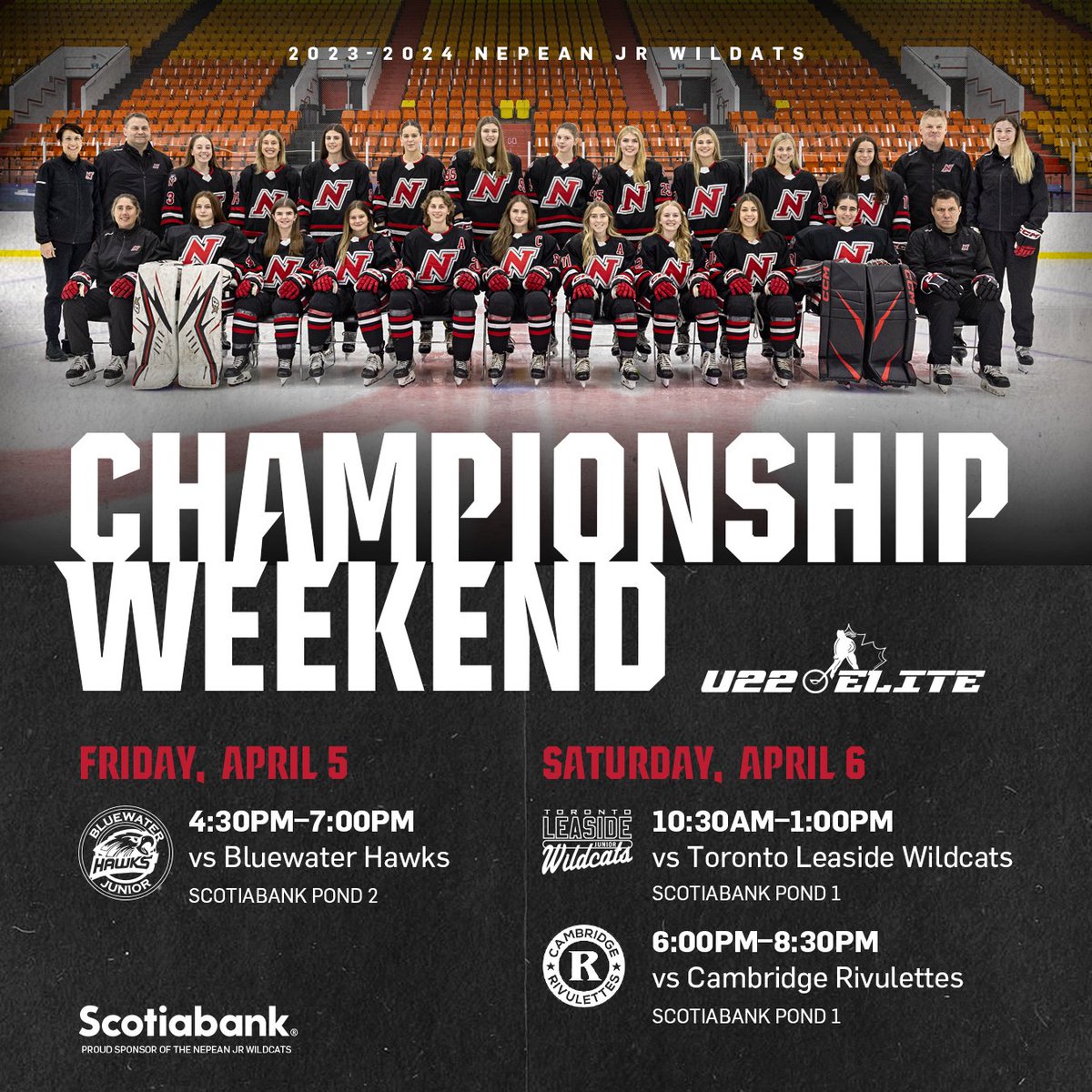 NepJrWildcats's tweet photo. It’s Championship Weekend! 
Tournament schedule below:  

Friday,  April 5 
4:30pm–7:00pm 
vs Bluewater Hawks Scotiabank Pond 2
https://t.co/8wuPST6h2H 

Saturday,  April 6 
10:30am–1:00pm
vs Toronto Leaside Wildcats
Scotiabank Pond 1 
https://t.co/Dznzf0uJqz 

6:00pm–8:30pm 
vs Cambridge Rivulettes 
Scotiabank Pond 1
 https://t.co/HMr4TZkVj6 

#owha #championshipweekend24 #u22elite #womenshockey #clawsout