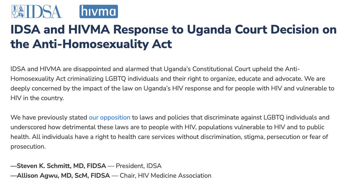 @IDSAInfo & HIVMA are disappointed & alarmed that Uganda’s Constitutional Court upheld the Anti-Homosexuality Act criminalizing #LGBTQ individuals & their right to organize, educate & advocate. Read our full response: bit.ly/4aHWjqn