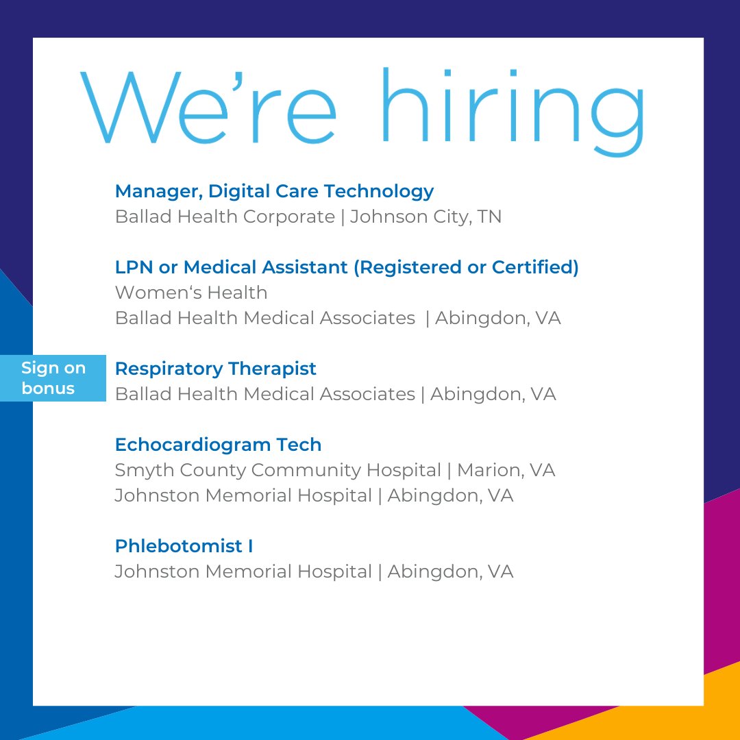 ⭐Check out the top jobs we're hiring for this week! Come join our team.⭐ Manager, Digital Care Technology, Johnson City, TN: ow.ly/WOlW50R8PnQ LPN or Medical Assistant (Registered or Certified), Abingdon, VA: ow.ly/F0YR50R8PnT #balladhealth