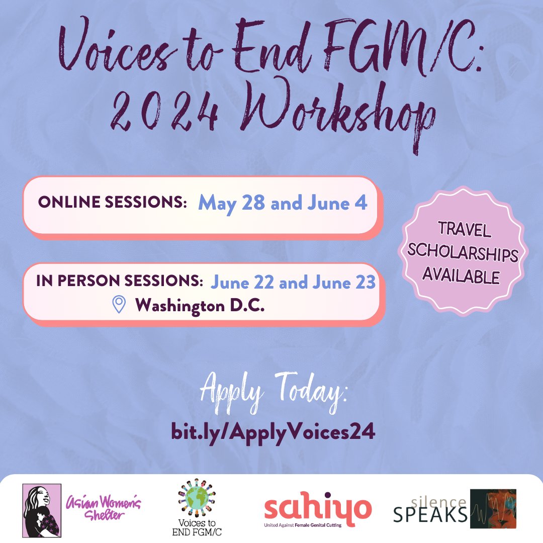 Don't miss your chance to apply for our Voices to End FGM/C 2024 digital storytelling workshop!  📲We're accepting applications until April 15th, 2024. Apply now for the opportunity to share your story and connect with others: bit.ly/ApplyVoices24