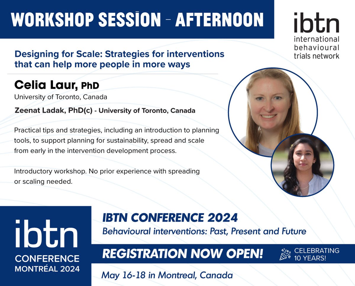 Int Behav Trials (@ibtnetwork) on Twitter photo Want to learn from the best? In person or virtually? Join <a href="/celia_laur/">Celia Laur, PhD</a> from <a href="/ihpmeuoft/">IHPME</a> and <a href="/LadakZeenat/">Zeenat Ladak</a> for a workshop on intervention design for scalability
Join us! May 16-18 in Montreal for #IBTN2024
Three weeks left to register!
ibtnetwork.org/conference/ Want to learn from the best? In person or virtually? Join <a href="/celia_laur/">Celia Laur, PhD</a> from <a href="/ihpmeuoft/">IHPME</a> and <a href="/LadakZeenat/">Zeenat Ladak</a> for a workshop on intervention design for scalability
Join us! May 16-18 in Montreal for #IBTN2024
Three weeks left to register!
ibtnetwork.org/conference/