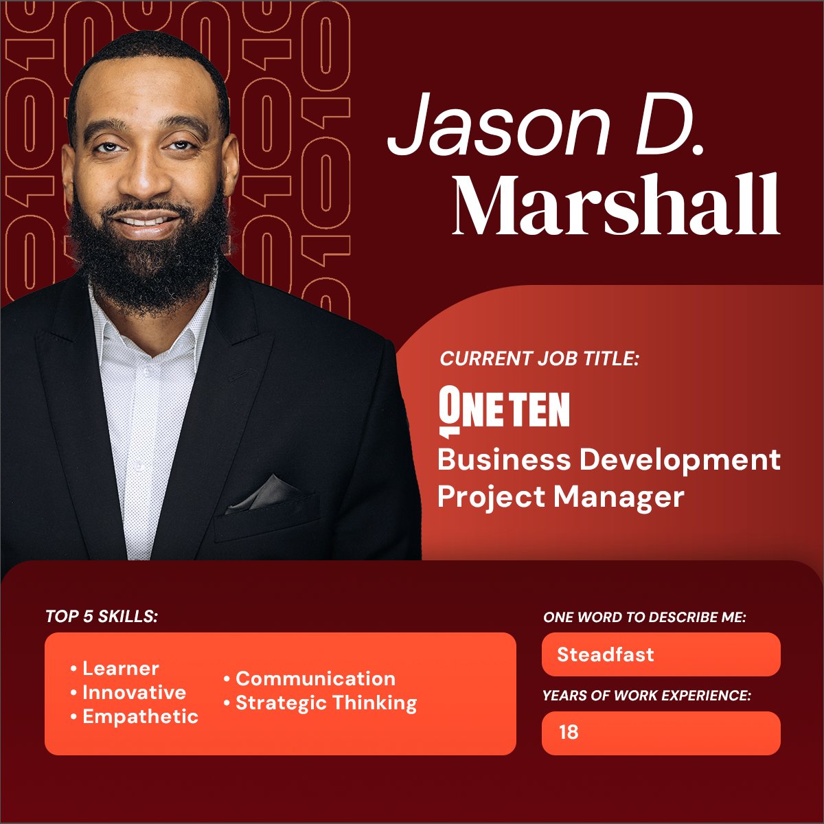 Meet Jason D. Marshall, our Business Development Project Manager at OneTen. Over a career spanning more than 18 years, Jason acquired invaluable skills honed through hands-on job experiences. We are honored to have him on our team. #HireSkillsFirst #OneTenTalent