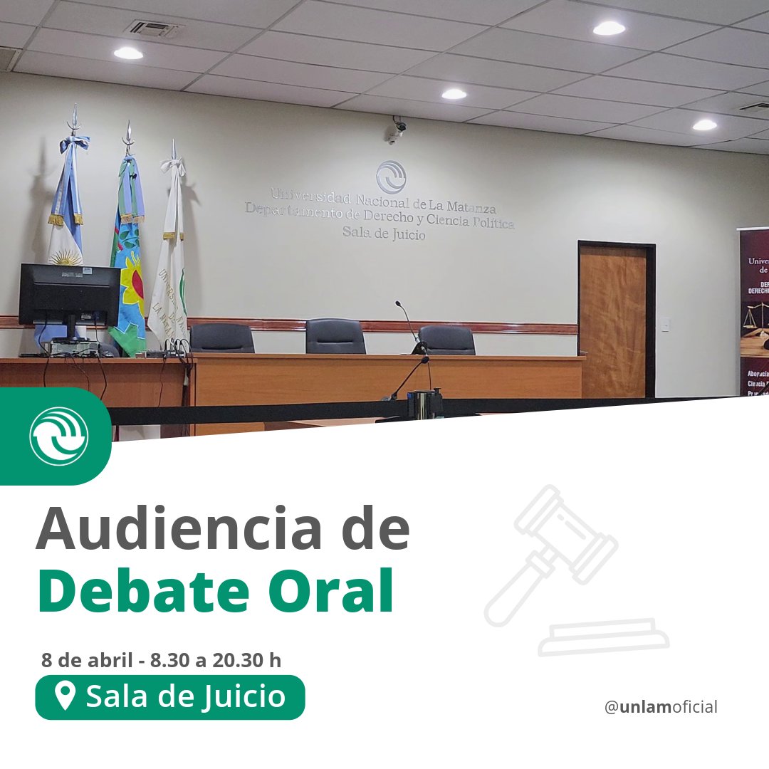 UnlamOficial's tweet photo. ⚖️ El Dto. de Derecho y Ciencia Política llevará adelante una Audiencia de Debate Oral por Jurados.

Se efectuará ante el Tribunal en lo Criminal N°4 Departamental de La Matanza.

🗓️ 08 de abril
🕜 De 8.30 a 20.30 h
📍 Sala de Juicio

✔️ Abierto a toda la comunidad https://t.co/MR9wo1lzh9