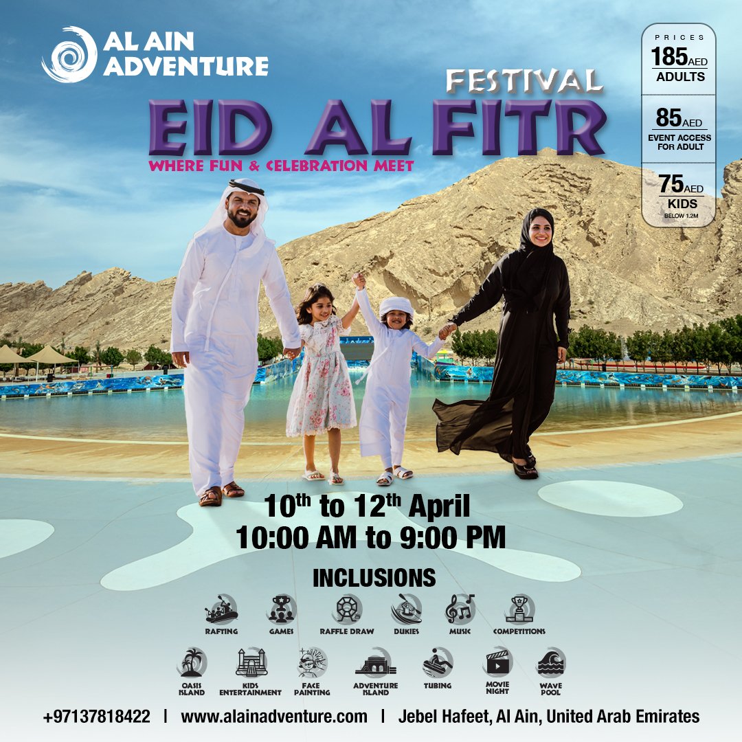 Join us for three days of fun-filled festivities at Al Ain adventure   Park. Celebrate   with us and create lasting memories with family and friends.
Get your tickets now!

booking.alainadventure.com/product-catego…