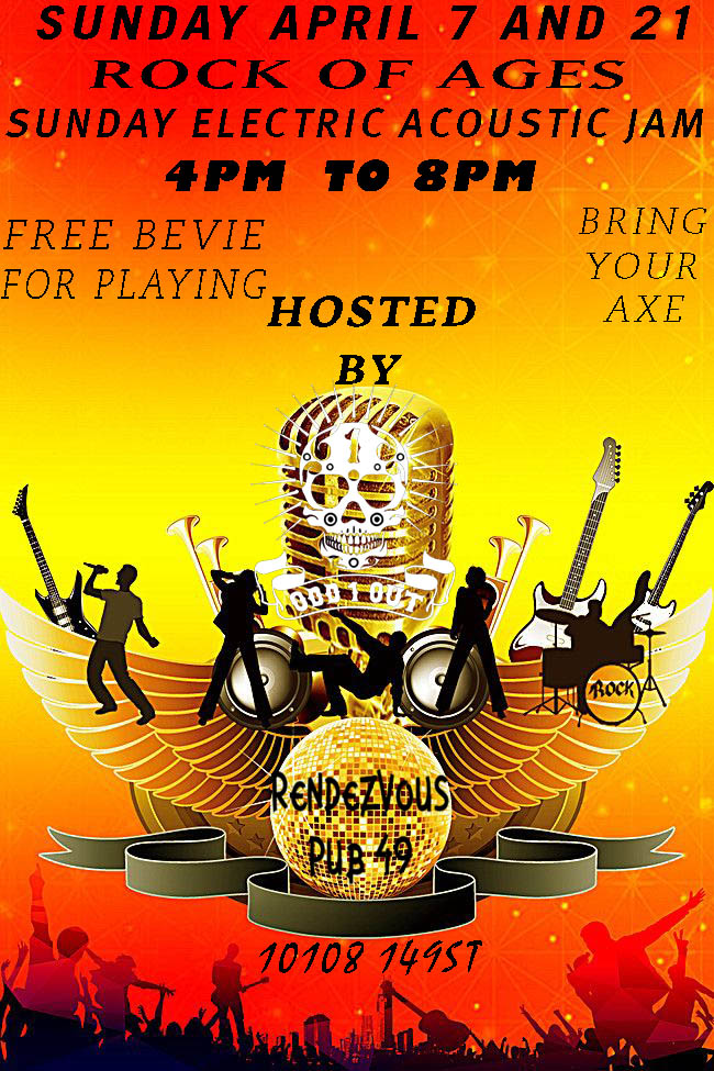 Sunday 4pm Rock Of Ages Electric/Acoustic Jam full backline and sound tech just bring your instrument and get a free bevie for jamming. Hosted by Odd 1 Out