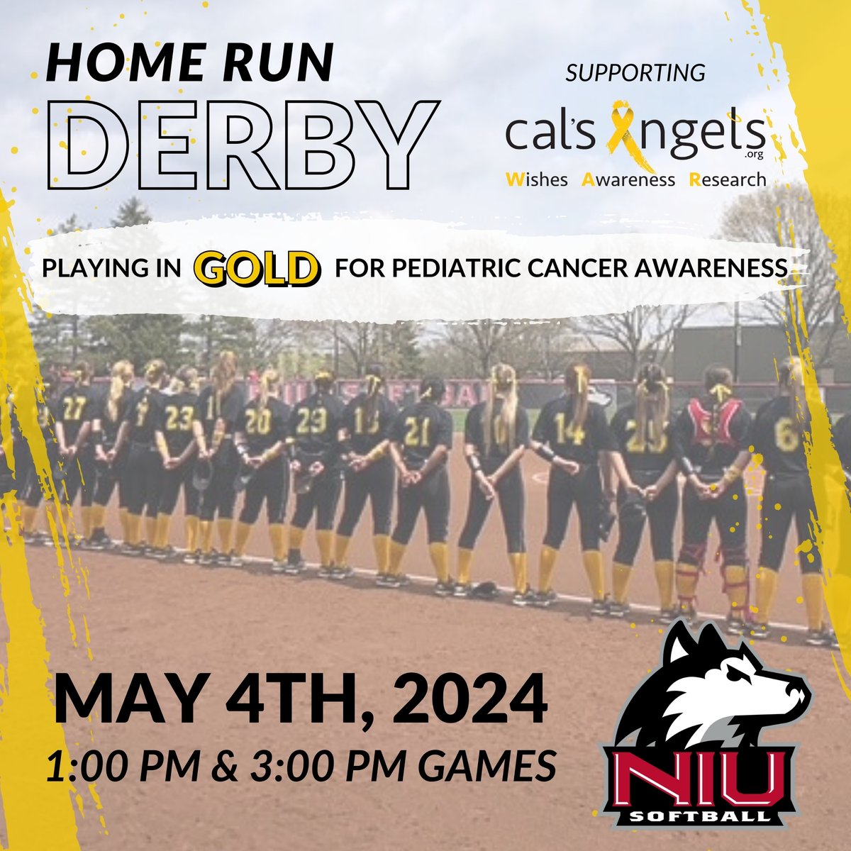 Knock pediatric cancer out of the park with NIU at their annual Home Run Derby! 🥎 Join us for a day at the fields on May 4th as the @niusoftball team goes to bat for kids fighting cancer. Gold-Out Games will be held at 1:00 and 3:00 PM, and Cal’s Angels warriors will be honored.