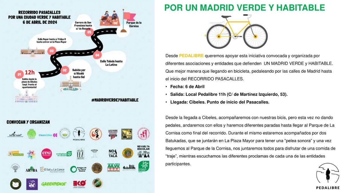 Mañana, sábado... #Pasacalles2024 por un #MadridVerdeYHabitable 
#SalvemosNuestrosParques
#NoALaTala
...y como no,por una #RedCiclistaYa
➡️Ven a las 11h a nuestro local (Mtnez. Izquierdo, 53)para llegar en bici a Cibeles a las 12h🚴‍♂️🚴‍♀️
#reddehuertosdemadrid
pedalibre.org/2024/03/27/ped…