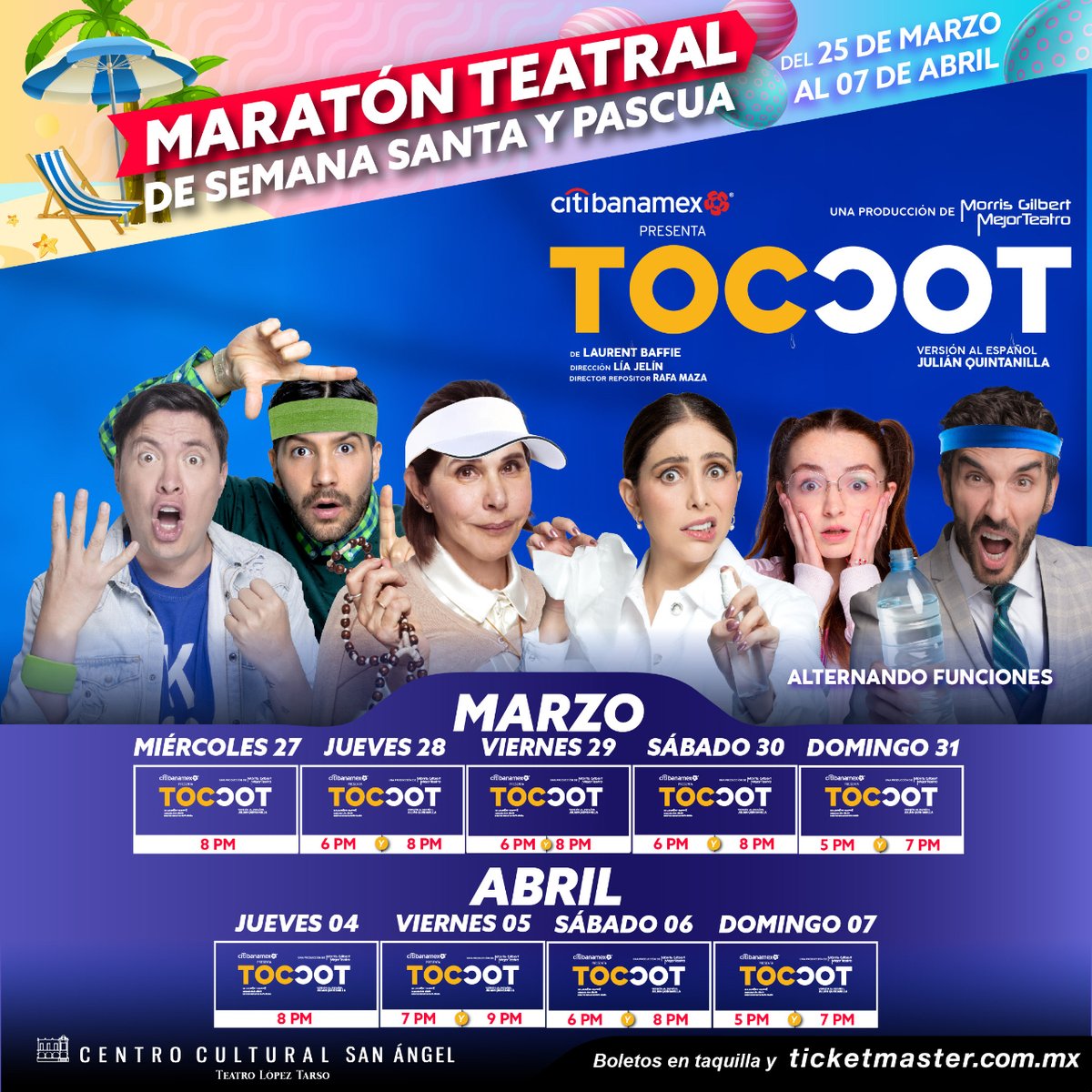 Nosofobia, ecolalia, aritmomanía, ultra verificación, necesidad simétrica. Todos tenemos una manía. Acompáñanos en #TOCTOC y cuéntanos cuál es la tuya. 💊 5 de abril | ⏰ 7 y 9 p.m. 📆 6 de abril | ⏰ 6 y 8 p.m. 📆 7 de abril | ⏰ 5 y 7 p.m.  🎟️ bit.ly/BoletosTocToc