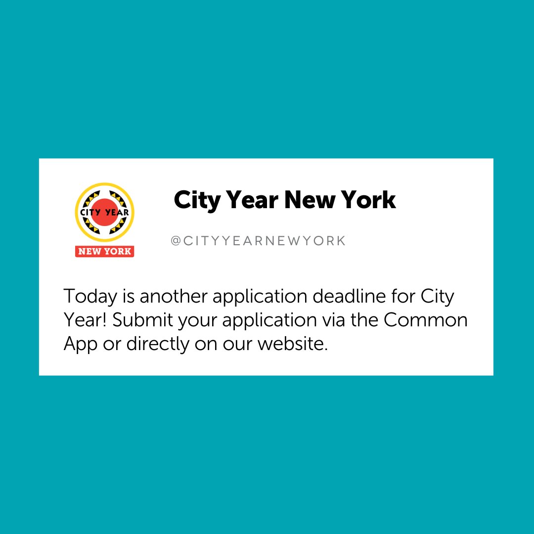 Don't forget! Today is the next deadline to submit @CityYear applications. You can apply using the @CommonApp or directly via our website below. Our next deadline after today is May 5th! #CYNY #StudentSuccess #GapYear cityyear.org/apply-now