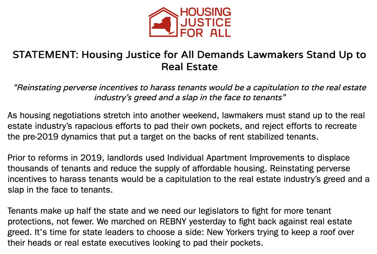 TenantBloc's tweet image. NEW: “Lawmakers must stand up to the real estate industry’s rapacious efforts to pad their own pockets, and reject efforts to recreate the pre-2019 dynamics that put a target on the backs of rent stabilized tenants.

"It's time for state leaders to choose a side."

Our statement.