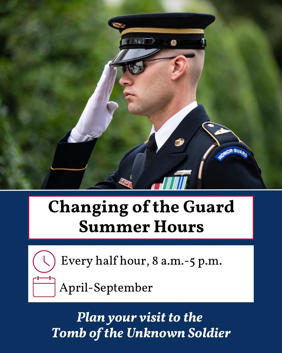 📣 Ladies and gentlemen, may I have your attention, please. 

In April through September, visitors can view the Changing of the Guard at the Tomb of the Unknown Soldier every half hour.