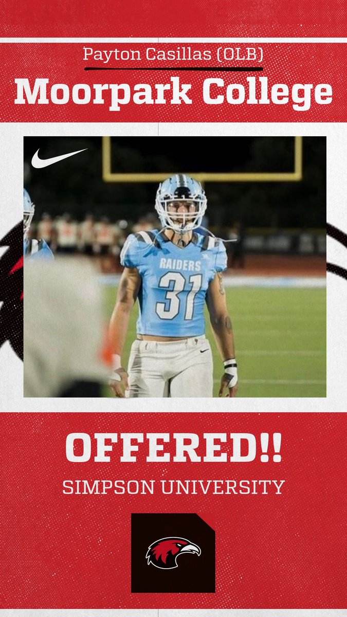 Payton Casillas (@casillaspayton) on Twitter photo After a great talk with <a href="/_CoachEmbry/">Coach R.Embry</a>
I am grateful to receive an offer @SimpsonUFball ‼️
<a href="/CoachStuMC/">Mike Stuart</a>
<a href="/CoachJStuart/">John Stuart</a>
<a href="/CoachJDiazMC/">John Diaz</a>
<a href="/CoachCasillas91/">Chris Casillas</a> After a great talk with <a href="/_CoachEmbry/">Coach R.Embry</a>
I am grateful to receive an offer @SimpsonUFball ‼️
<a href="/CoachStuMC/">Mike Stuart</a>
<a href="/CoachJStuart/">John Stuart</a>
<a href="/CoachJDiazMC/">John Diaz</a>
<a href="/CoachCasillas91/">Chris Casillas</a>