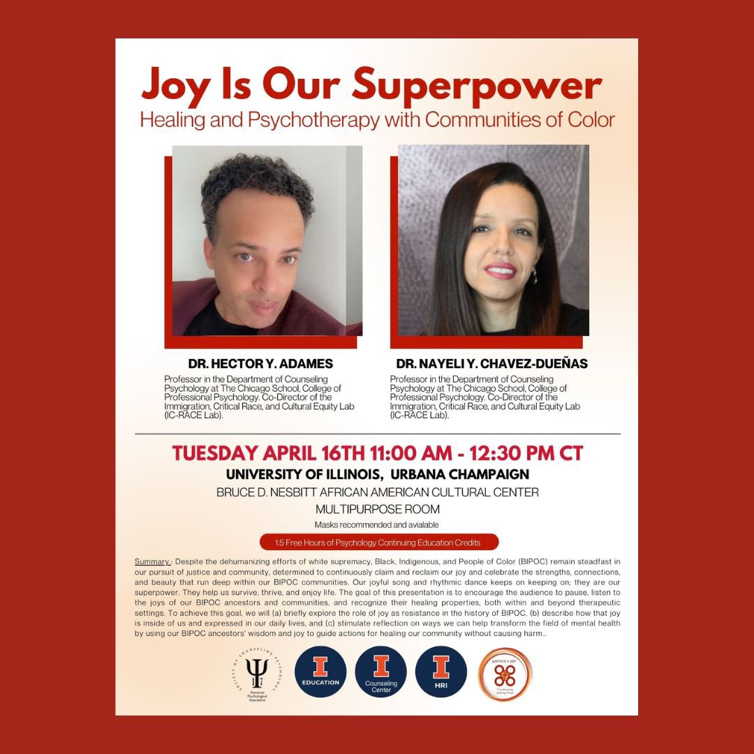 MUST SEE APRIL 16, 2024: 12:00PM ET Dr. Hector Adames and Dr. Nayeli Chavez-Dueñas webinar on Joy Is Our Superpower: Healing and Therapy with Communities of Color.  Eligible for 1.5 free hours of psychology CEs bit.ly/JJPublicLectur… @HYAdames @NYChavez @APADivision17