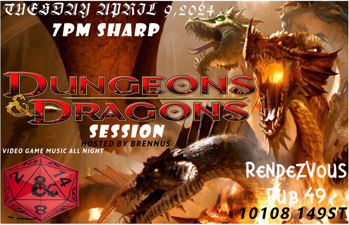 Play @Wizards_DnD.? Tuesday Apr 9,2024 Live Dungeons And Dragons Session by Dungeon Master Brennus. 7pm Sharp Tall Boy Pilsner on special. Video game music all night. Your adventure awaits 10108 149st #beer #pubfood
