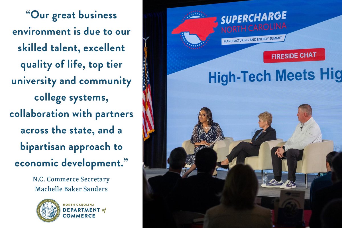 NCCommerce's tweet photo. Yesterday, Sec. Sanders led a panel discussion with @iamcccc + @Wolfspeed on the future of our #CleanEnergy workforce at #SuperchargeNC. @EDPNC's @austinrouse + @leelilley from @NC_Governor's Office discussed the importance of our skilled #Workforce for our growing #EV industry. https://t.co/BACCgyJX1j