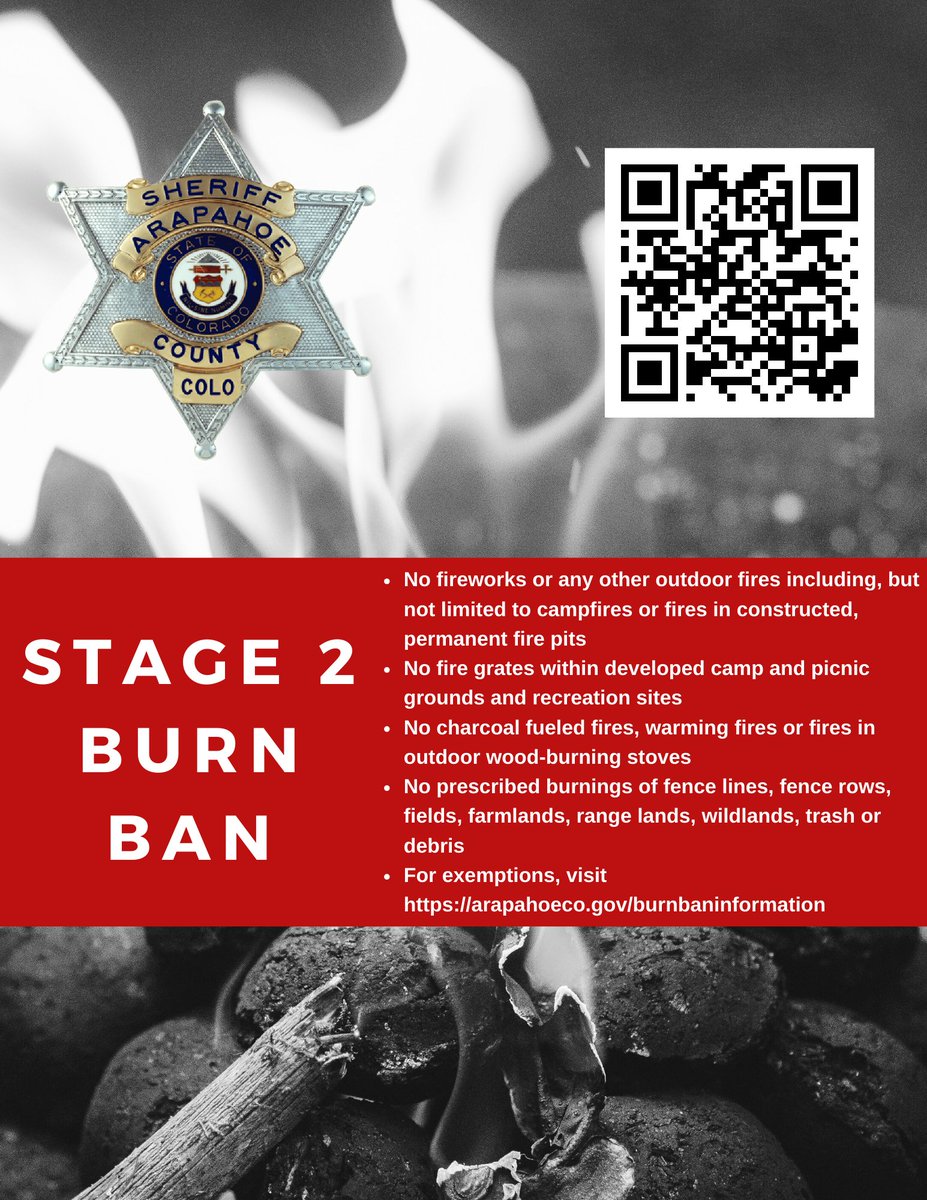 There is a STAGE 2 BURN BAN for the unincorporated areas of Arapahoe County, Centennial, Foxfield and Deer Trail. A Stage 2 Burn Ban means no outdoor fires, including, but not limited to, campfires, fires in constructed, permanent fire pits or fire grates within developed camp…