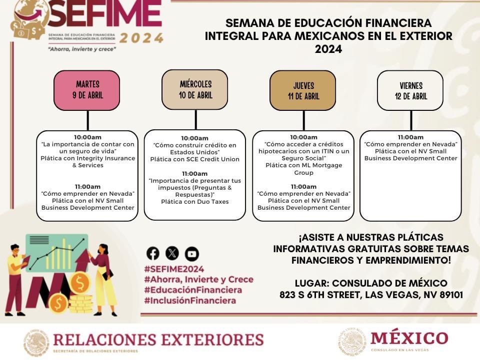 ¡No te pierdas las pláticas informativas y seminarios en línea gratuitos sobre finanzas y emprendimiento que llevaremos a cabo del 8 al 12 de abril durante la Semana de Educación Financiera Integral para Mexicanos en el Exterior 2024!

#SEFIME2024