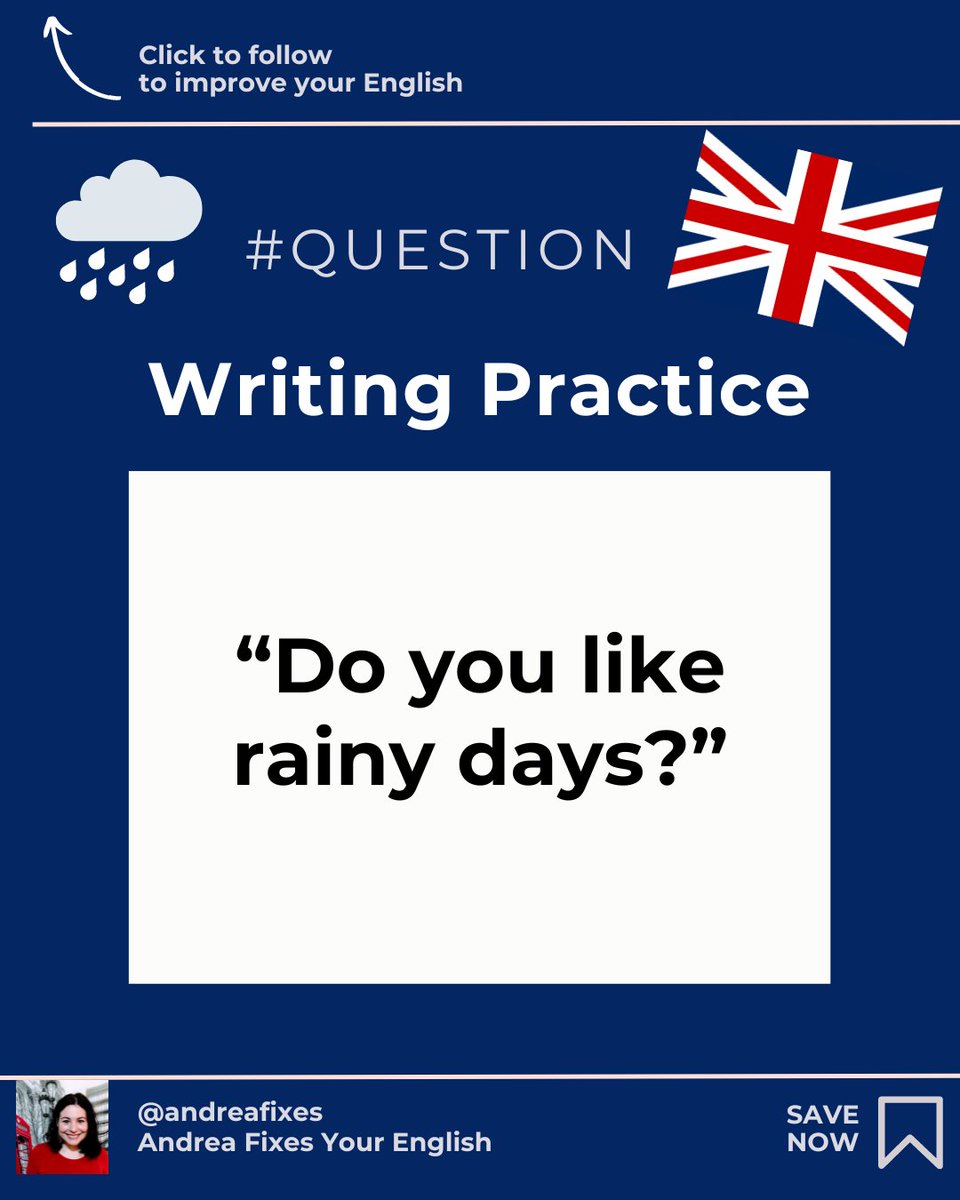 Writing practice! 👍🏻

'Do you like rainy days?'

Answer the question as best as you can.

🥳

✅Contact me for private lessons!

#LearnEnglish #IELTS #TOEFL #phrasalverbs #EnglishTeacher #TOEIC #ESL #EnglishPractice #english #vocabulary #grammar