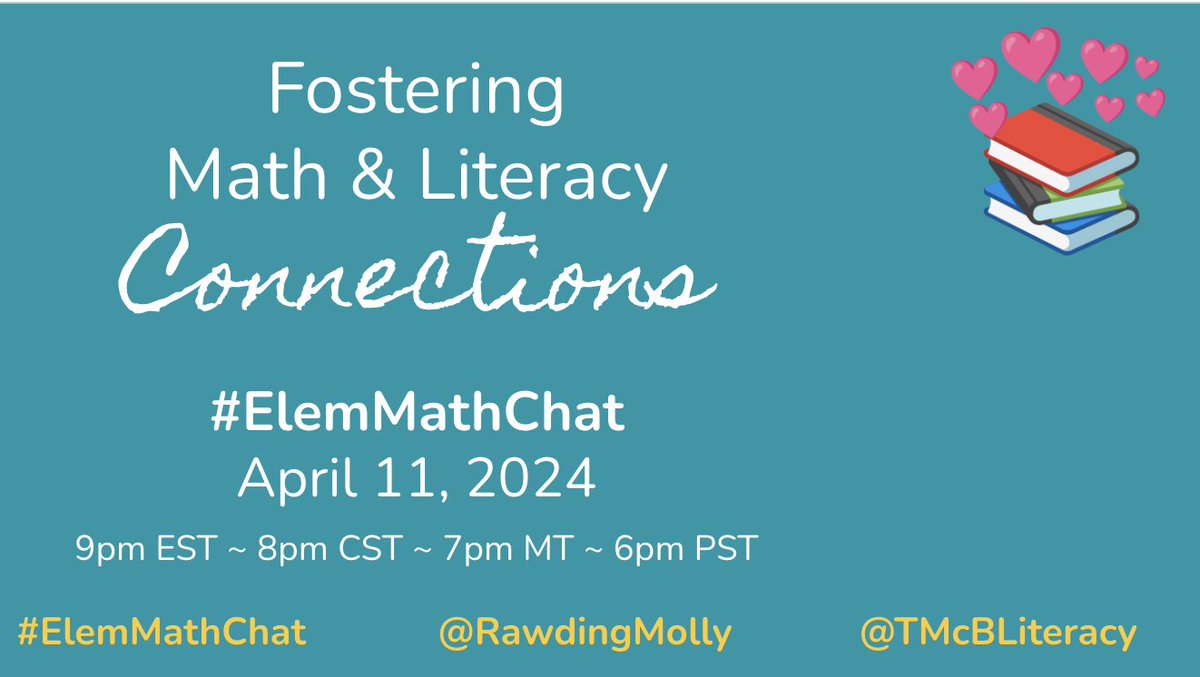Yay! @TMcBLiteracy and I are so excited to explore math & literacy connections!! Everyone is invited for the #ElemMathChat on Thursday, April 11!