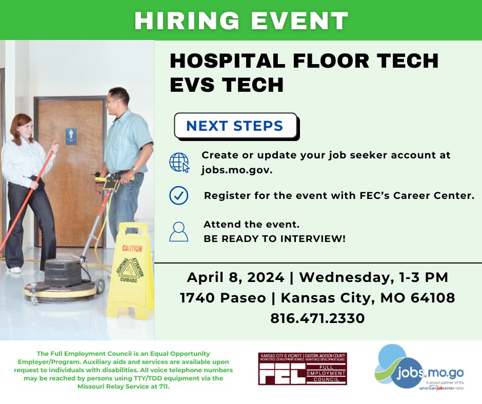 Reminder: <a href="/FEC_KC/">FEC KC</a> is holding a Hiring Event for Hospital Floor Techs and EVS Techs on Monday, 4/8. 
- Create or update your job seeker account at jobs.mo.gov. 
- Register with FEC for this event.
- Come to interview on Monday! 
#kcjobs #healthcarejobs