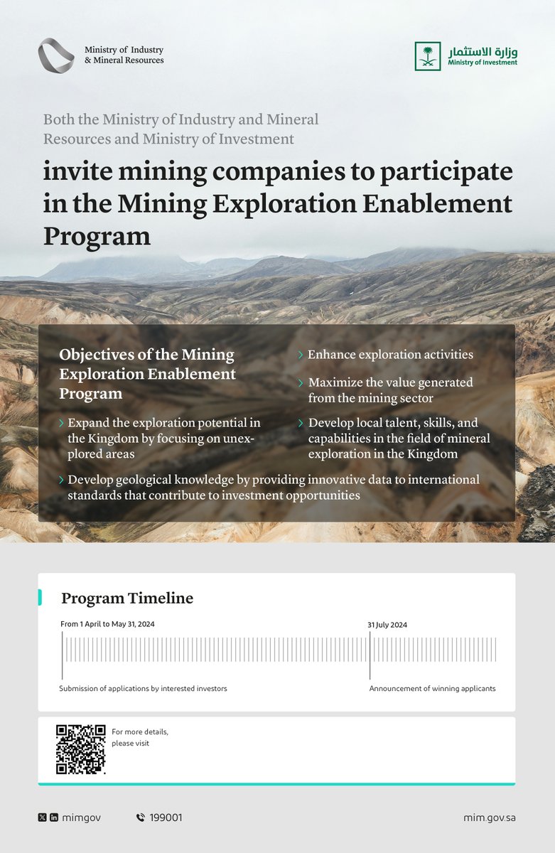 The Ministry of #Industry_and_Mineral_Resources and @MISA have unveiled an Exploration Enablement Program to accelerate greenfield exploration in Saudi Arabia. Visit taadeen.sa/exploration-en… to learn more and apply. #InvestSaudi